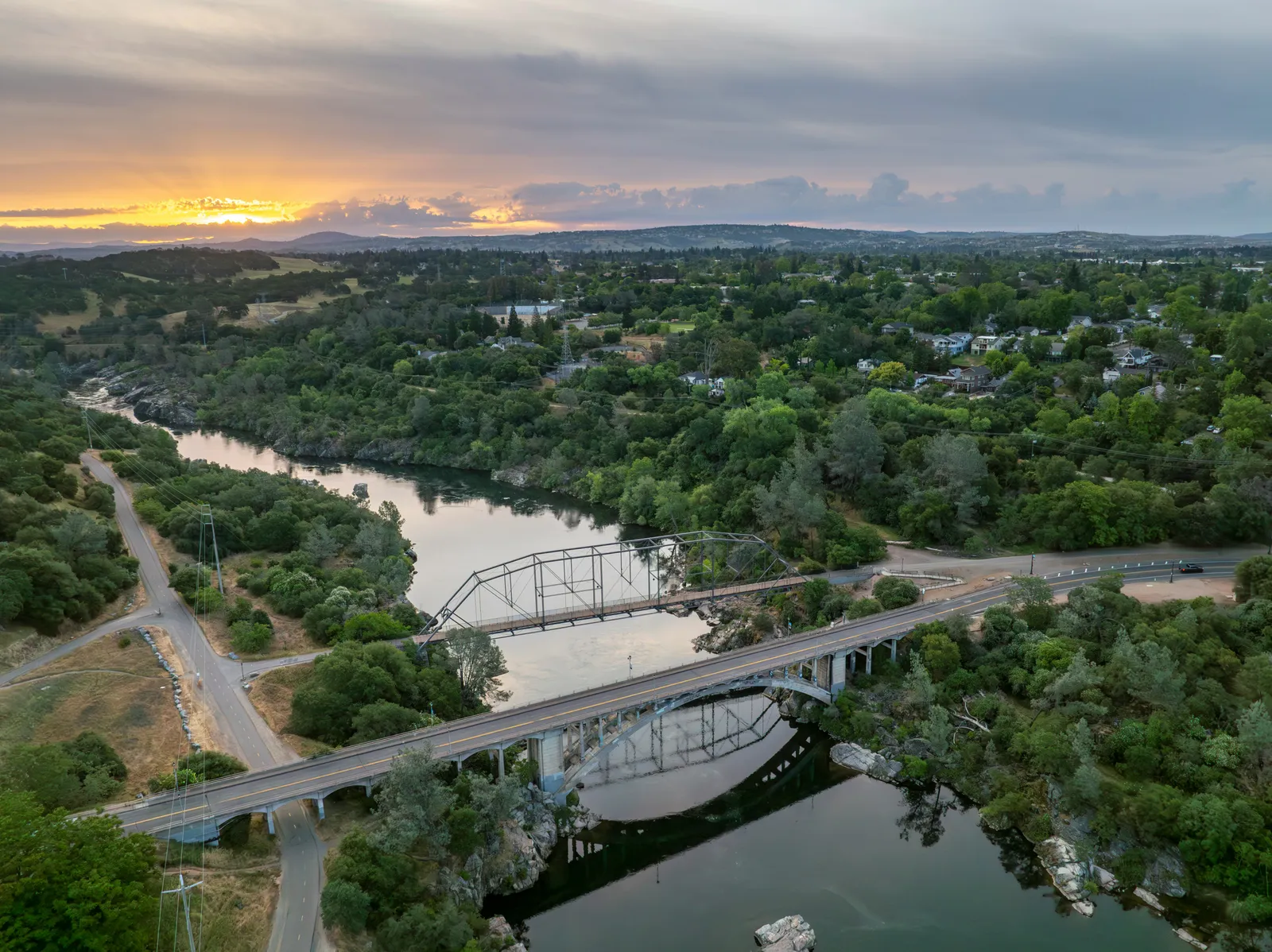 Rainbow Bridge over the American River in Folsom, California at sunset
